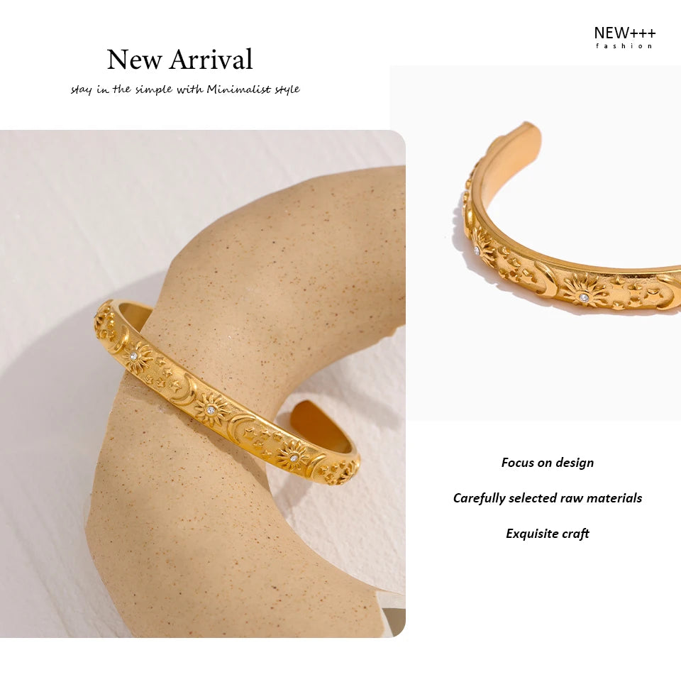 Yhpup Golden Stainless Steel Moon Star Sun Bangle Bracelet  Stylish Metal Open Wrist браслеты на руку женкие Party Gift