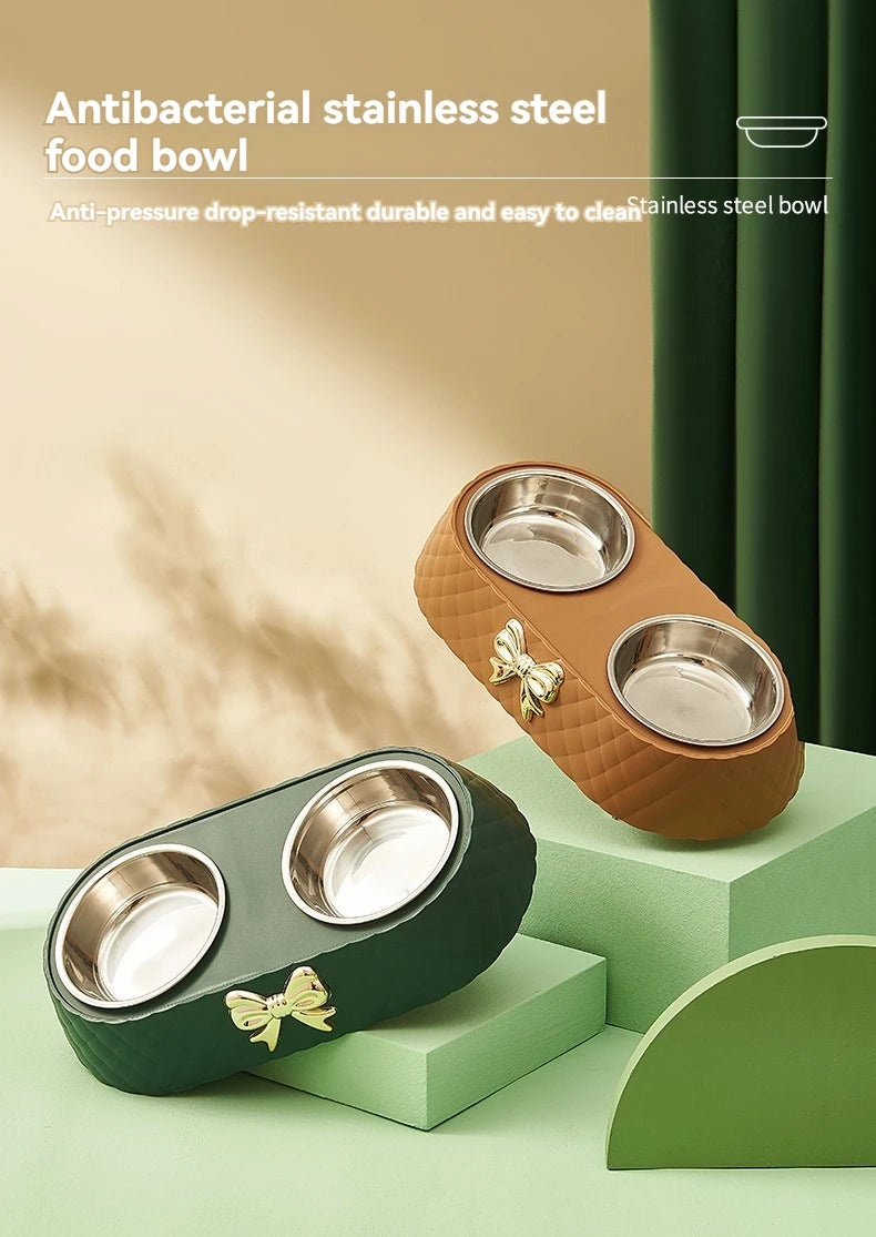 Double Pet Bowl for Cats & Dogs – Bow-Tie Design, Stainless Steel Food & Water Feeder with PP Base