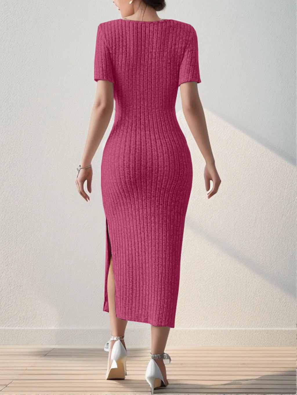 Short-Sleeved, Versatile Knitted Slit Dress