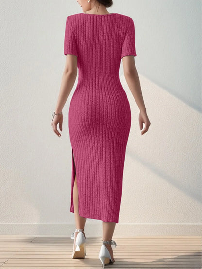 Short-Sleeved, Versatile Knitted Slit Dress