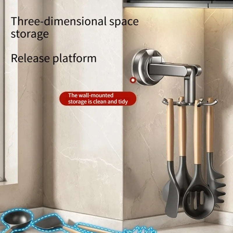 Kitchen Suction Wall-mounted Multi-functional Storage Rack, with Integrated Storage Featuring No-drilling and Rotatable Hooks