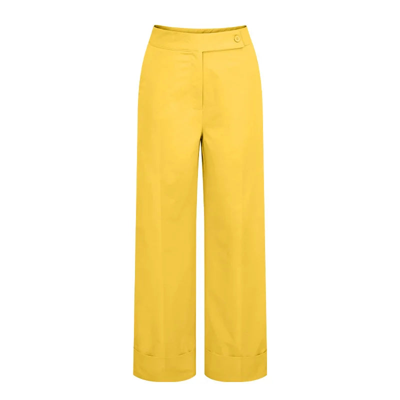 Women's Solid Color High Waist Wide Leg Pants Cuffed Hem Button Closure Pockets Design Office Work & Casual Streetwear Outfit
