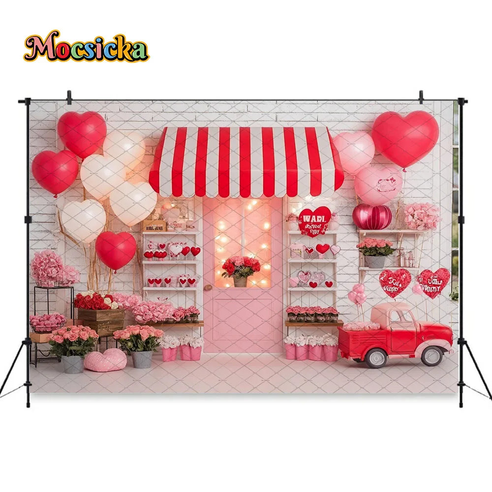 Mocsicka Valentine's Day Shop Backdrop Photography Pink Storefront Heart Balloon Red Rose Background Kids Birthday Photo Studio