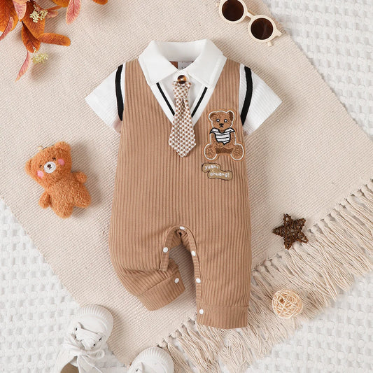 New Gentlemen Romper with Tie Short Sleeved Baby Onesie Summer Daily Wear Jumpsuit Birthday Clothing for Toddler Boy 1-18 Months