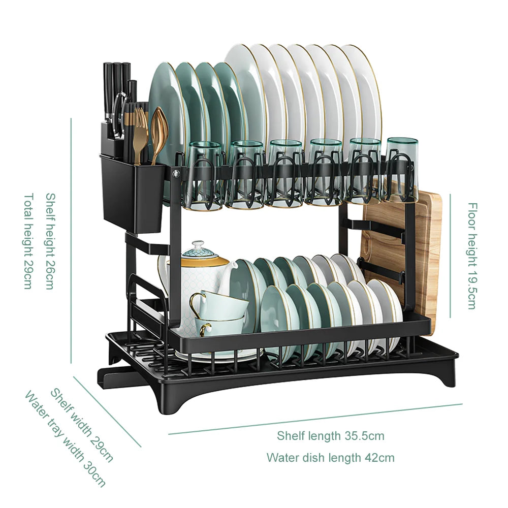 2 tier dish drying rack, Cutlery rack with spout and draining tray, cutlery holder, cup holder, kitchen countertop storage rack