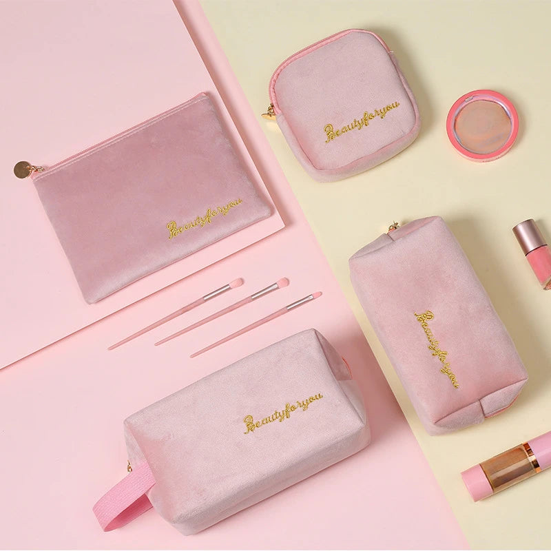 Plush Cosmetic Bag for Women – Large Zipper Makeup & Toiletry Travel Pouch, Solid Color Beauty Bag