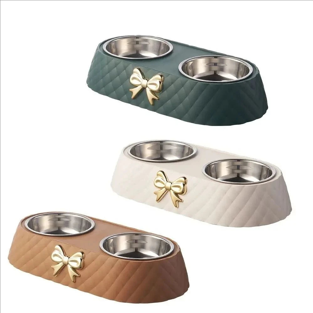 Double Pet Bowl for Cats & Dogs – Bow-Tie Design, Stainless Steel Food & Water Feeder with PP Base