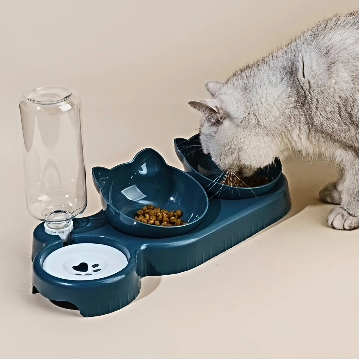 3 In 1 Ear Design Tilted Cat Water And Food Bowl Set With Gravity Water Bottle
