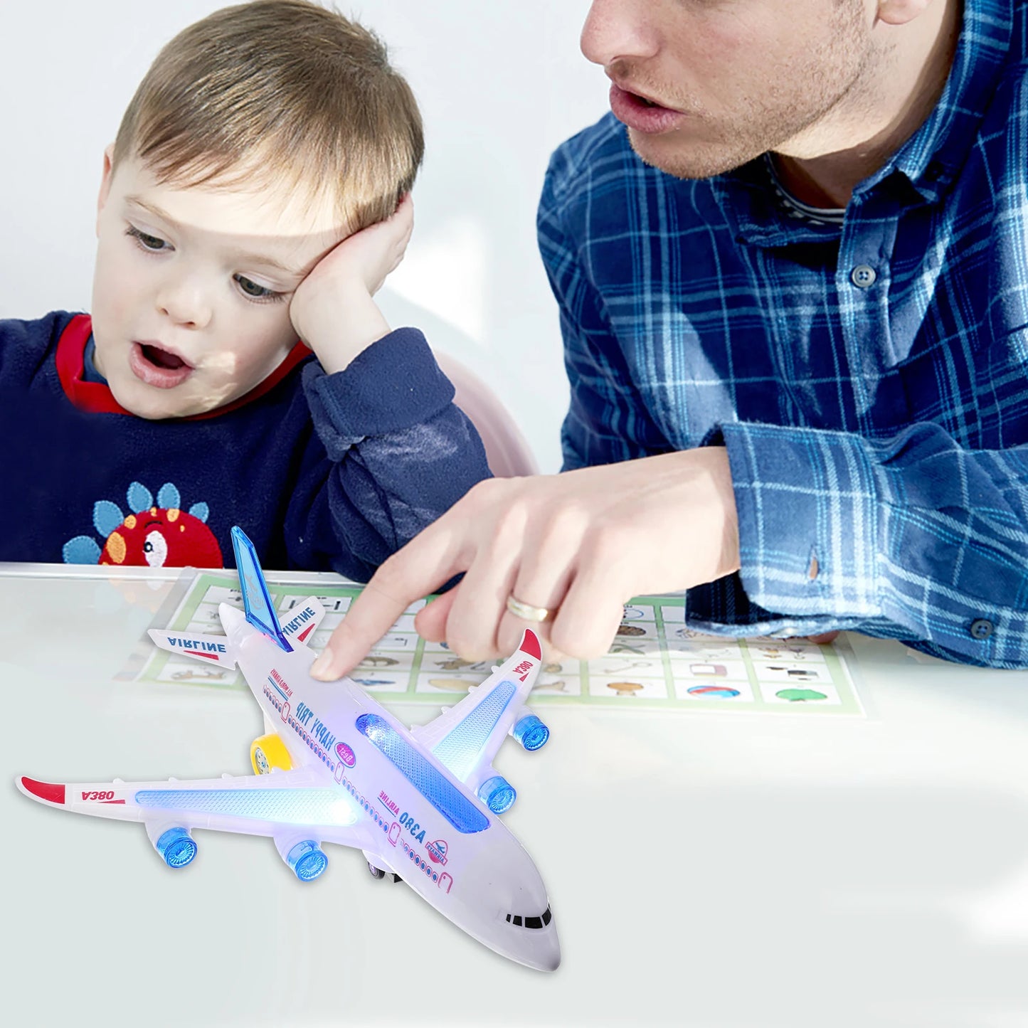 Electronic Airplane Toy with Music & Lights – Auto-Rotating Educational Aircraft Toy for Kids