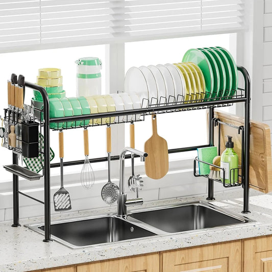 Over The Sink Dish Drying Rack, Metal Dish Drying Racks for Kitchen Counter with Hooks, Utensil Holder, 85cm, Kitchen Essentials