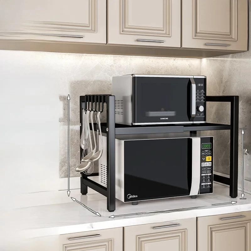 Kitchen Microwave Oven Rack Double Layer Expandable Multi Functional Home Appliance Storage Shelf Carbon Steel No Installatio...