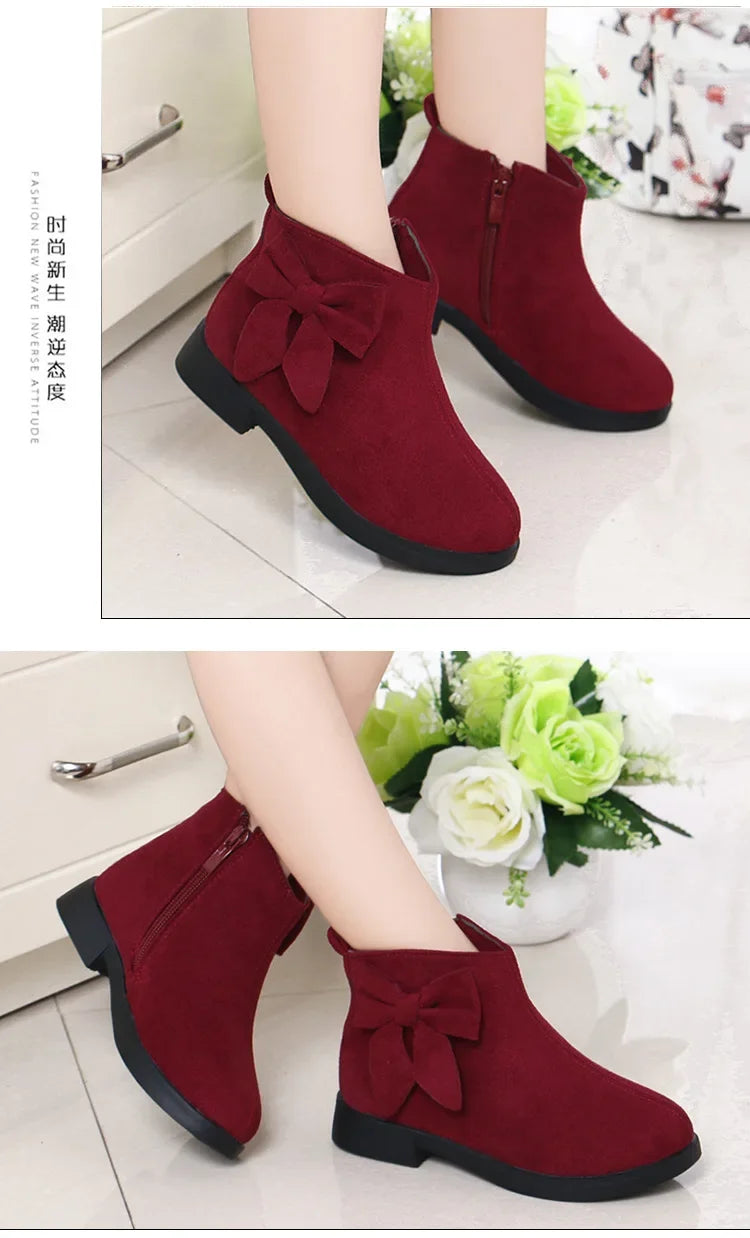 2023 Girls Boots Leather Sport Shoes For Girls Children Warm Boots Fashion Soft Bottom Princess Snow Boots Kids Sneakers