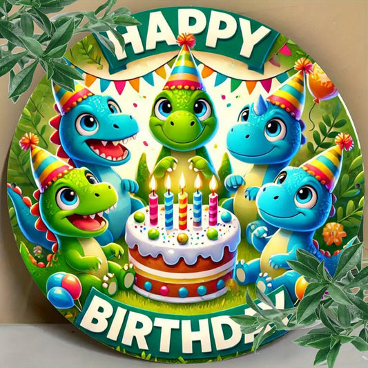 Dinosaur Birthday Wall Decor - 7.8-Inch Durable 2D Printed Metal Sign for Indoor/Outdoor Home Garden Decoration