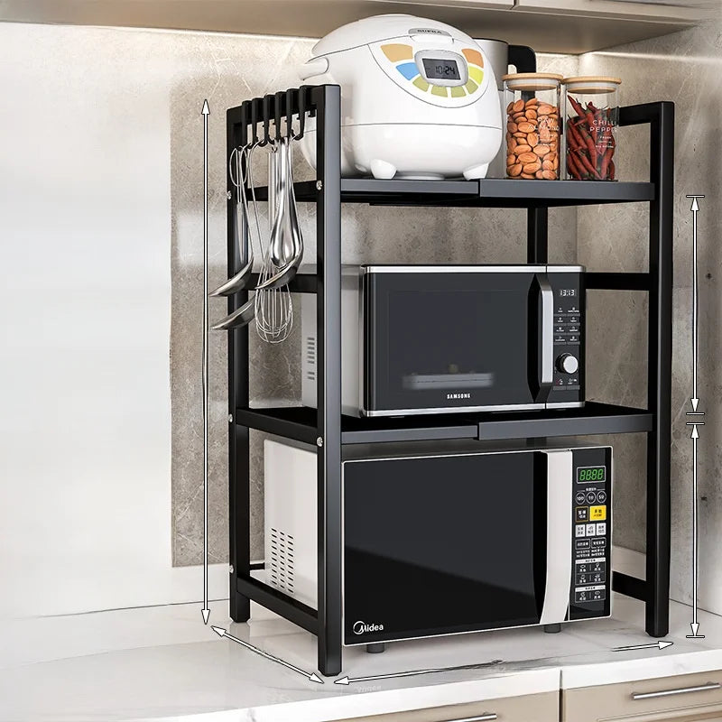 Kitchen Microwave Oven Rack Double Layer Expandable Multi Functional Home Appliance Storage Shelf Carbon Steel No Installatio...