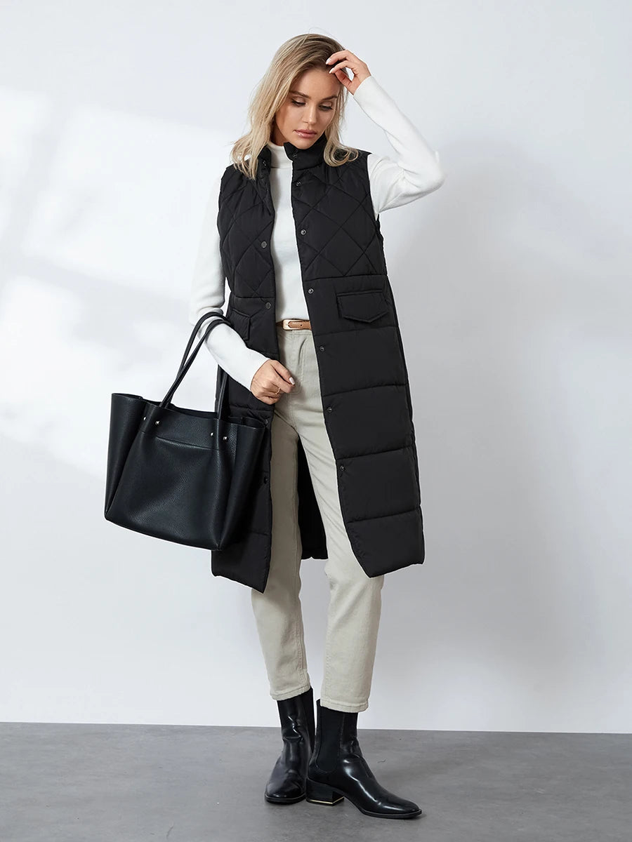 Women Quilted Puffer Vest Solid Color Warm down Jacket Button Cardigan for Winter Outwear Streetwear