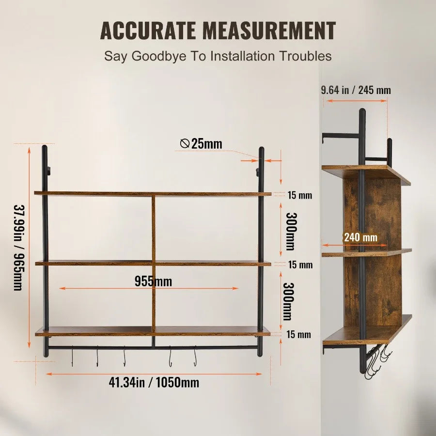 Industrial Pipe Shelf 3 Tier 41.5x9.84in WallMount for Kitchen Bedroom
