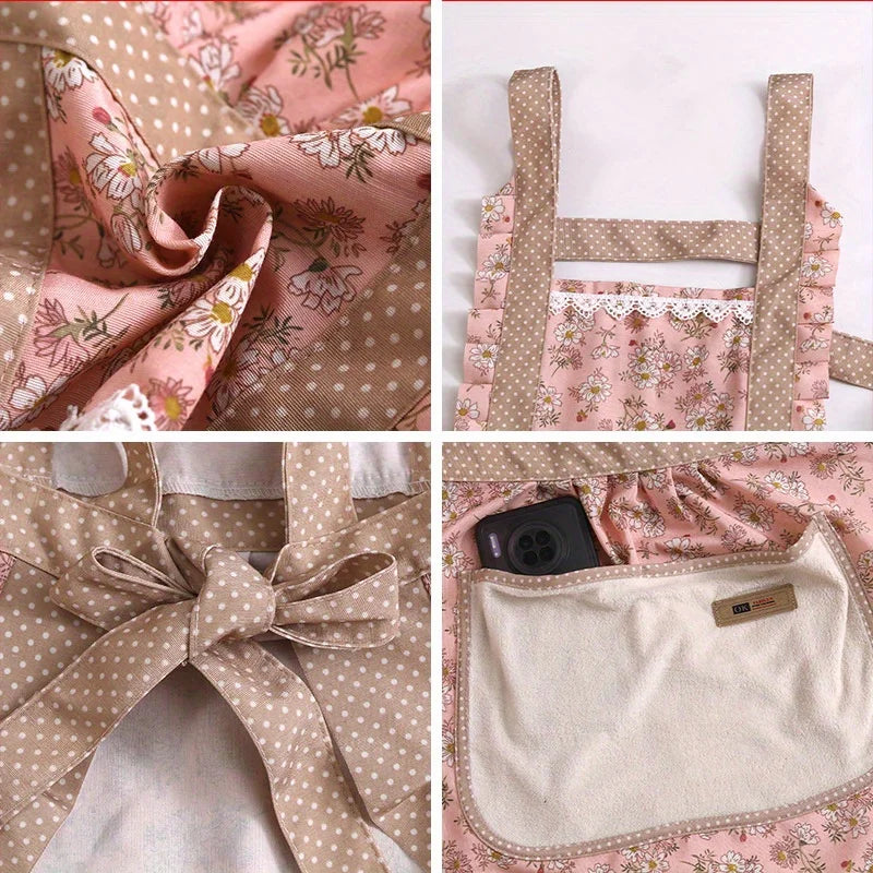 1pc Strap Canvas Floral Apron with Hood, Waterproof Oil-resistant Breathable Workwear Waist Apron