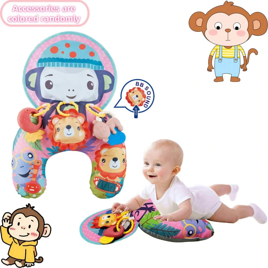 Baby Tummy Time Pillow with Rattle Toys, Multifunctional Crawling Mat Play Gym for Infants, Colorful Cartoon Animals Support Cus