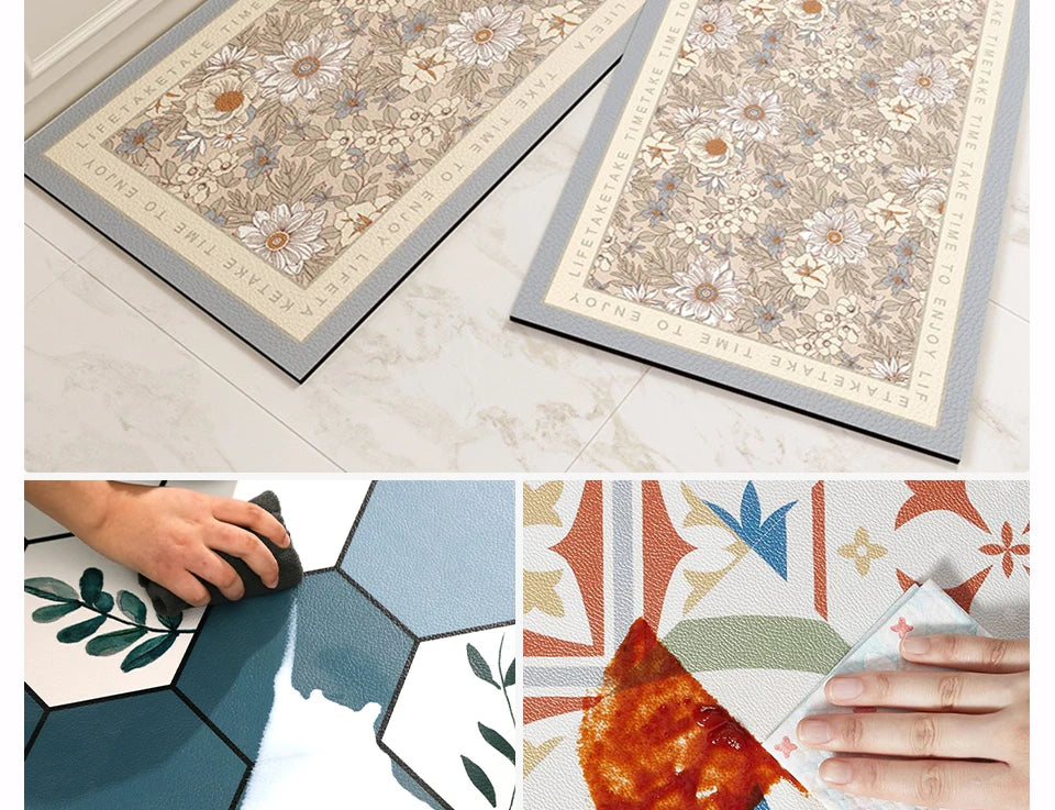 Carpet for Kitchen Floor Mat Pvc Leather Waterproof Non-slip Long Rug Oil-proof Foot Mats Pink Flower Home Decoration Rugs