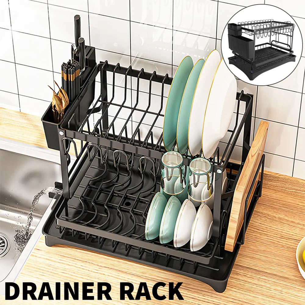 Sturdy 2-Tier Dish Drainer with Cutlery Holder & Drip Tray - Sleek Kitchen Sink Organiser