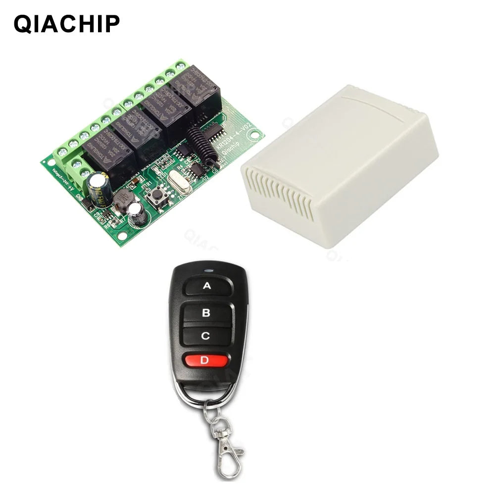 QIACHIP 4CH 433.92MHz Relay Module – DC 5V/12V/24V/48V 10A Wireless Remote Control Switch for EV1527, DC Motor DIY