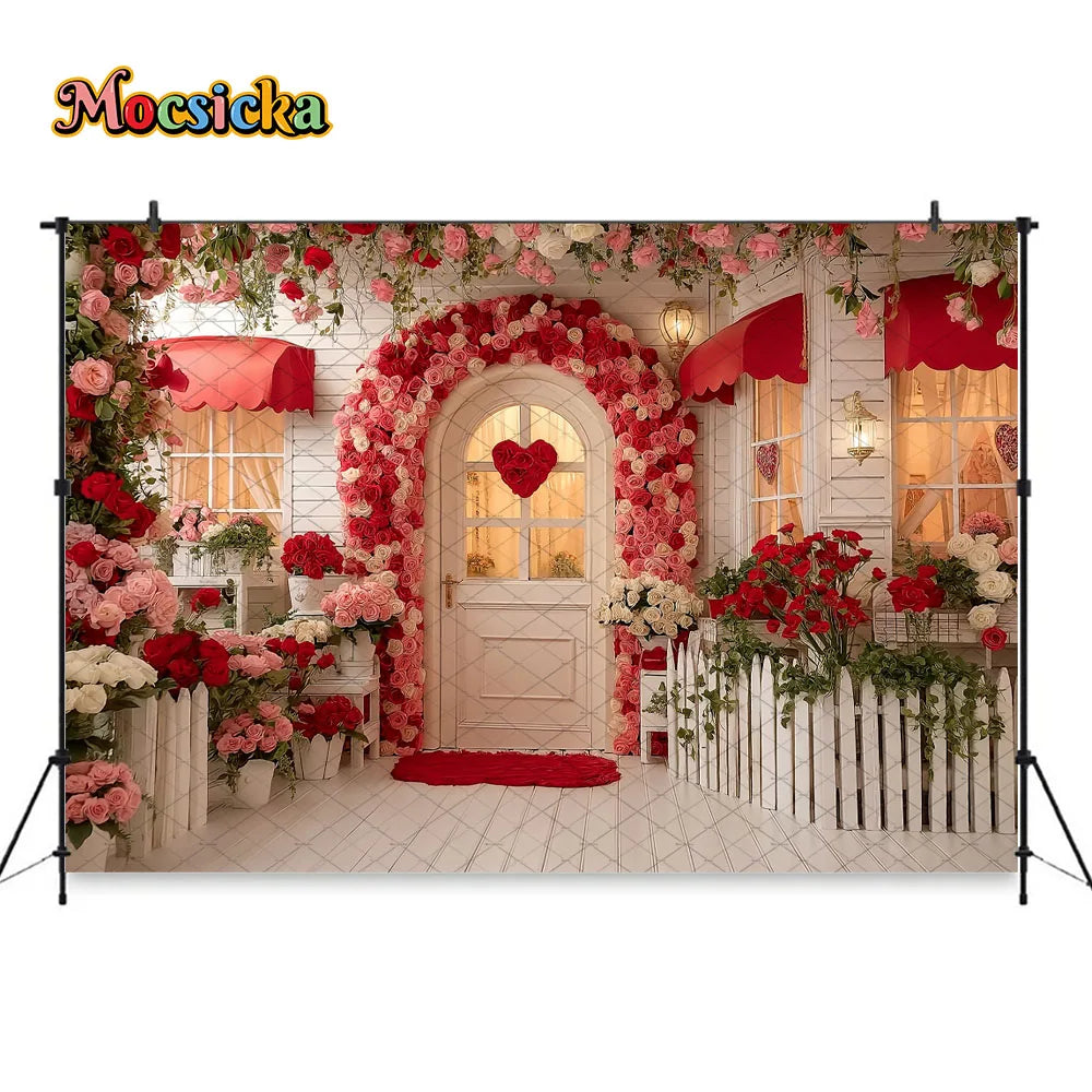Mocsicka Valentines Day Flower Shop Backdrop Photography Red White Striped Floral Garden Background Kid Photo Shoot Studio Decor