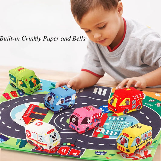 Baby Montessori Soft Car Toy with Map Game Mat Storage Bag Infant Cloth Book Cute Cartoon Sensory Training Toys Toddlers Gifts