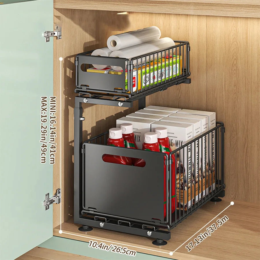 Pull-Out Under Sink Organiser, 2-Tier Adjustable Height Sliding Shelf for Kitchen/Bathroom Cabinet Storage, Black & White