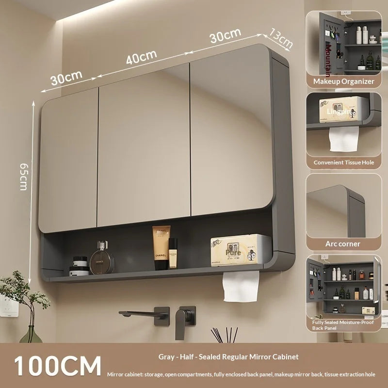 Bathroom Mirror Led Light Wall Mounted Carbon Fiber Curved Rounded Corner Smart Storage Mirror Cabinet Home Furniture Homehold