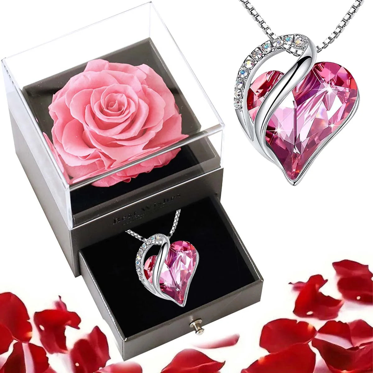 New Hot Selling Valentine's Day Gift Ocean Heart Love Necklace with Eternal Rose Jewelry Box For Girl Mother's Day Gifts