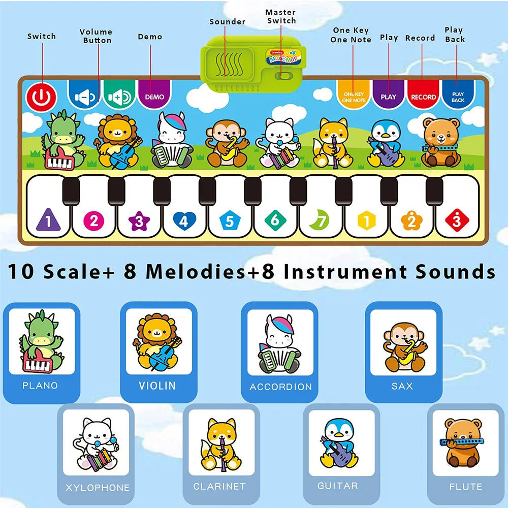 Piano Music Fitness Mat for Baby Girls and Boys Aged 1-6, Animal Keyboard Cognitive Music Early Educational Toy, Birthday Gift