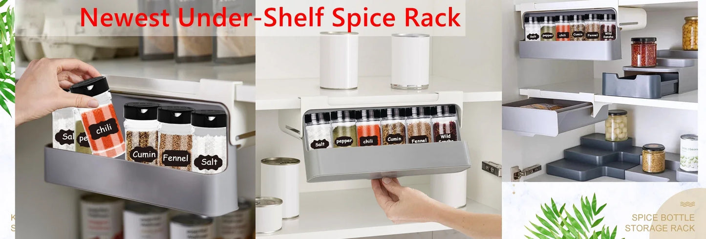 Wall mounted Kitchen Spice Rack Slide Out Drawer Self-adhesive Seasoning Bottle Storage Rack Plastic Spice Organiser for Kitchen