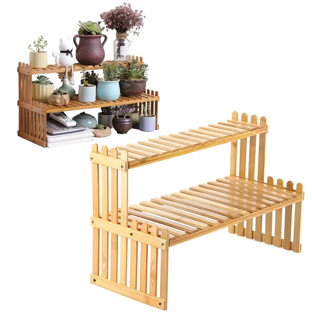 2 Tier Decorative Tabletop Wood Plant Stand Display Shelf For Home Office Tidy Storage Organiser