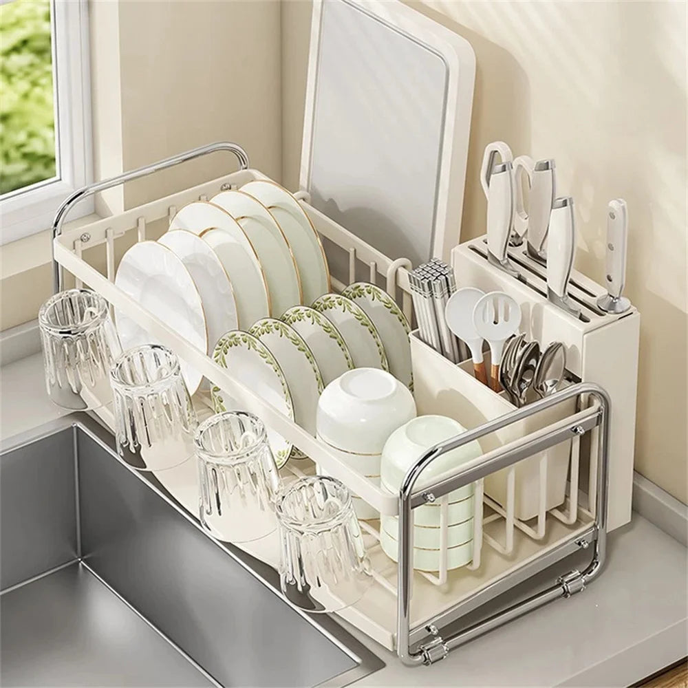 Kitchen Dish Draining Rack Steel Cutlery Rack with Drain Tray Cup Cutlery Holder Plate Rack Kitchen Countertop Storage Rack