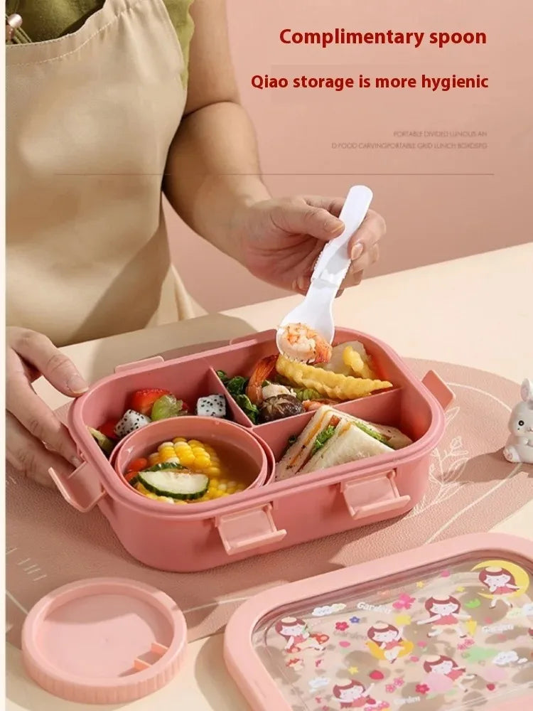 1000/1350ml Cartoon Lunch Box with Soup Bowl Bento Box Buckle Design Sealed and Leak-proof Portable Food Storage Container