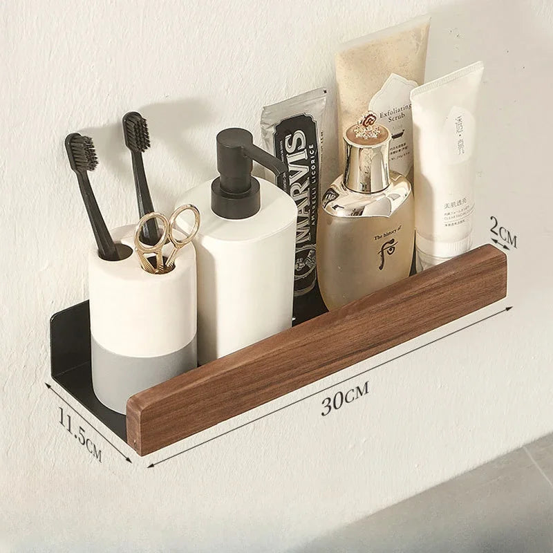 Modern Wooden Bathroom Wall Storage Rack – Shelves, Towel Bar & Hooks Set