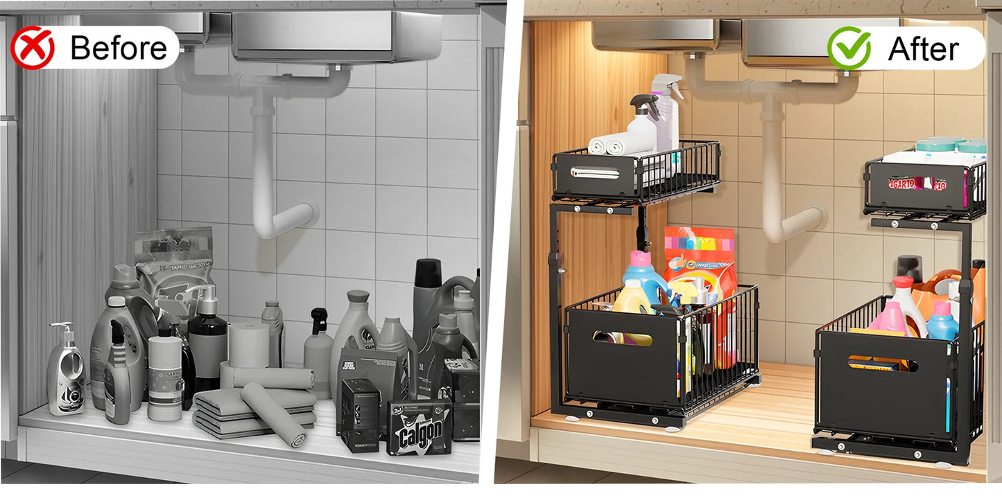 2 Tier Pull Out Cabinet Organiser Adjustable Under Sink Storage Rack Slide Out Drawer Kitchen Spice Jar Storage Shelf
