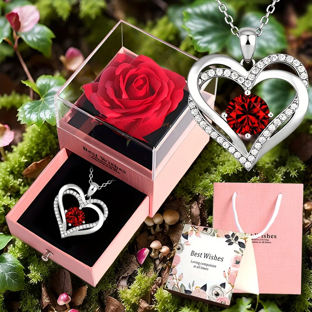 Romantic Heart Pendant Necklace with Rose Gift Box & Card- Luxurious Year-Round Wear, Valentines Day & Mother’s Day Present