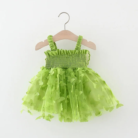 Summer 0-3 Girls' Dress Solid Color Butterfly 3D Mesh Splicing Butterfly Wings Strap Fluffy Dress