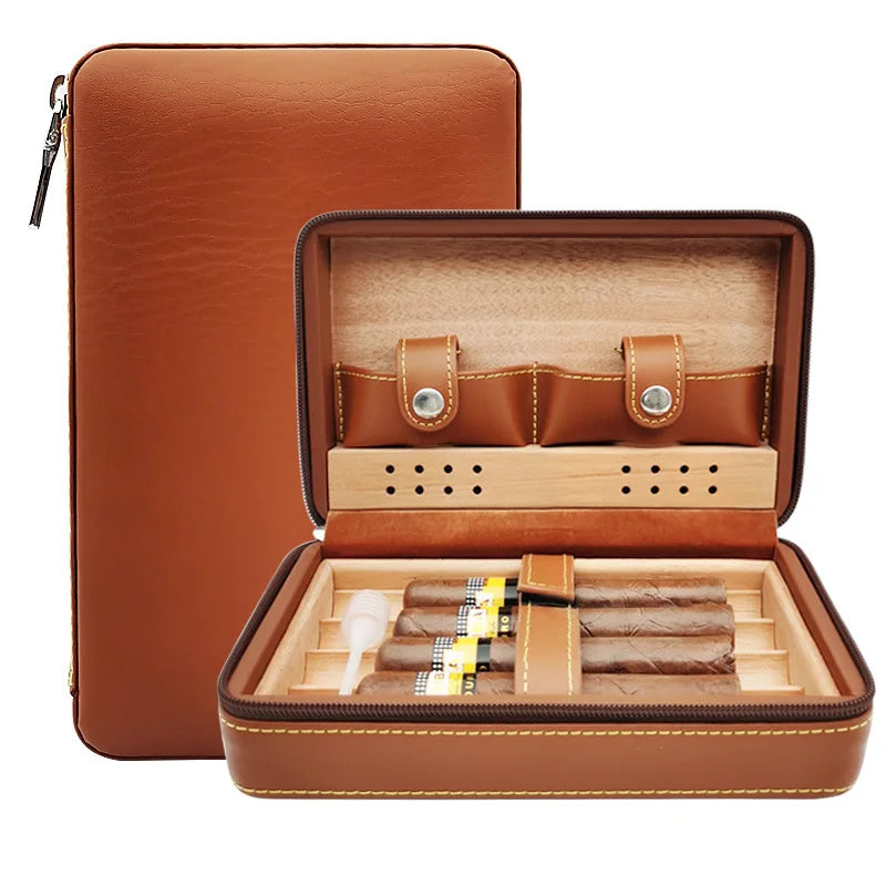 4pcs Humidor Cigar Box Travel Cigar Case orginiser without cutter lighter Leather Cedar Wood Cutter smoking accessories storage