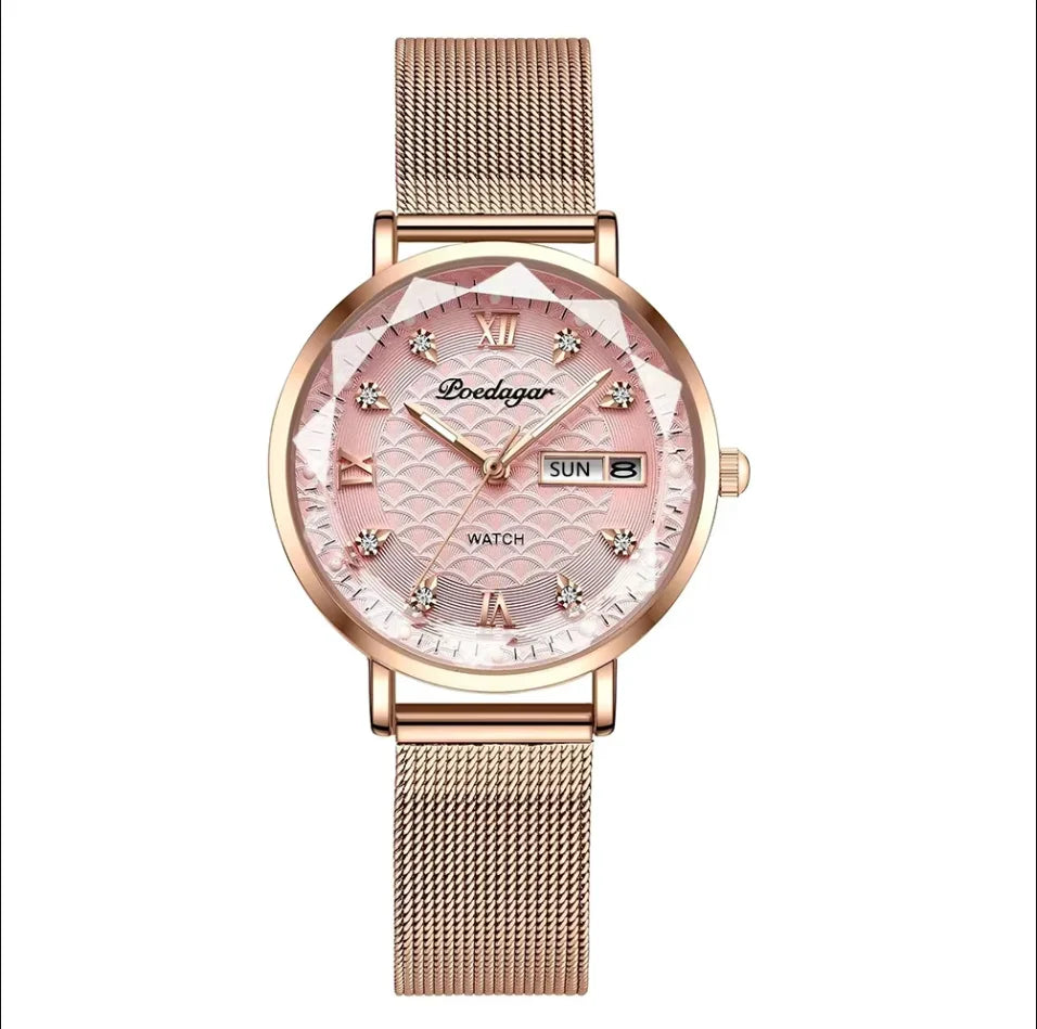 POEDAGAR Women Watch New Fashion Luxury Stainless Steel Wristwatch Bracelet Simple Rose Gold Waterproof Luminous Ladies Watches