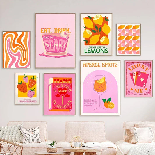 Pink Strawberry Lemon Card Cocktails Drink Posters Retro Canvas Painting Living Room Corridor Wall Art Picture Kitchen Bar De
