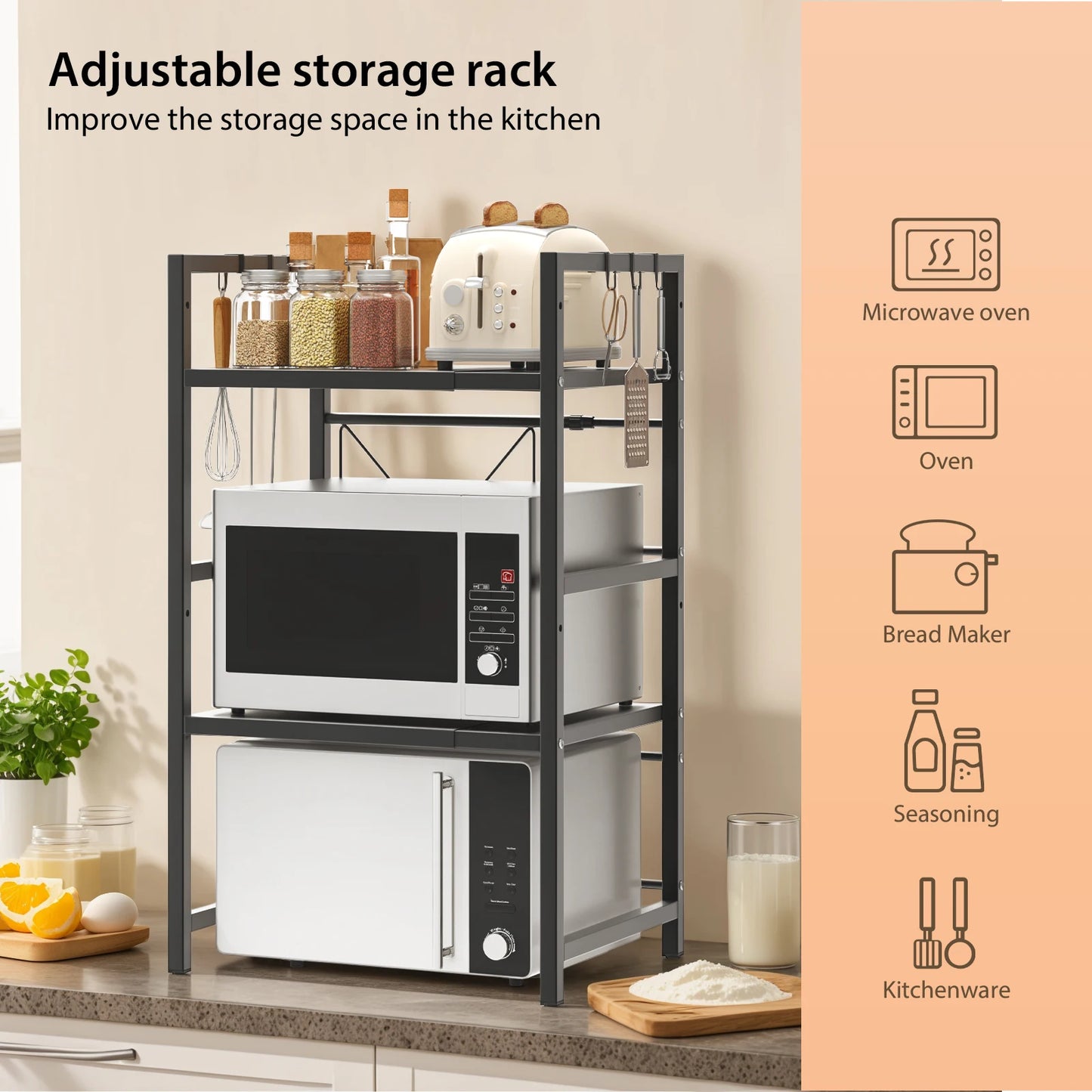 Extendable Microwave Rack, 3 Tier Microwave Rack with 6 Hooks, Microwave Rack, Kitchen Countertop Organiser