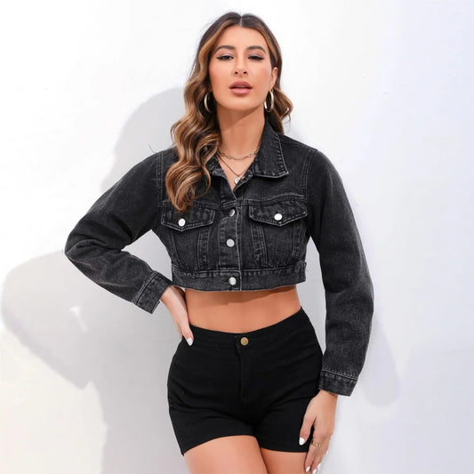 Women's Fashion Lapel Short Denim Coat Spring Summer New Casual Loose Retro Female Versatile Long Sleeve Denim Jacket Tops 2026