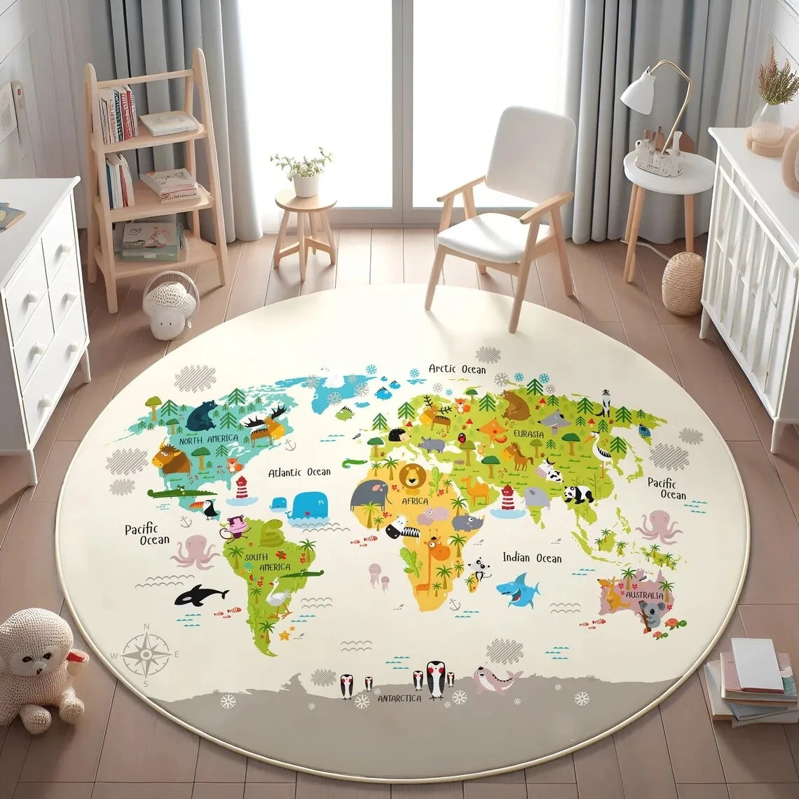 Children's Play Round Floor Mat Animal World Map Printed Carpet Children's Bedroom Bedside Non Slip Foot Mat Home Decoration
