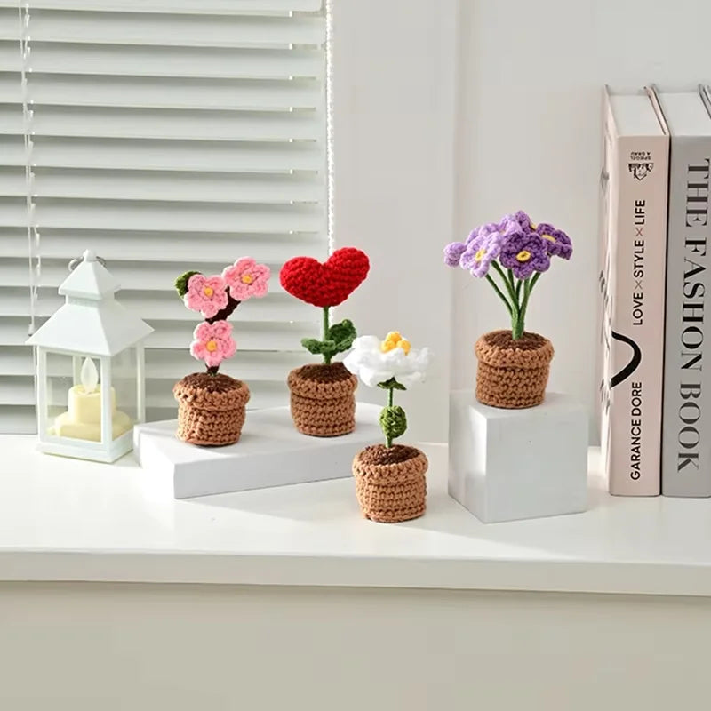 1/2/3/5Pcs Handmade Knitted Flower Pot Red Heart Shaped Knit Imitation Potted Plant Christmas Valentine's Day Mother‘s Day Gift