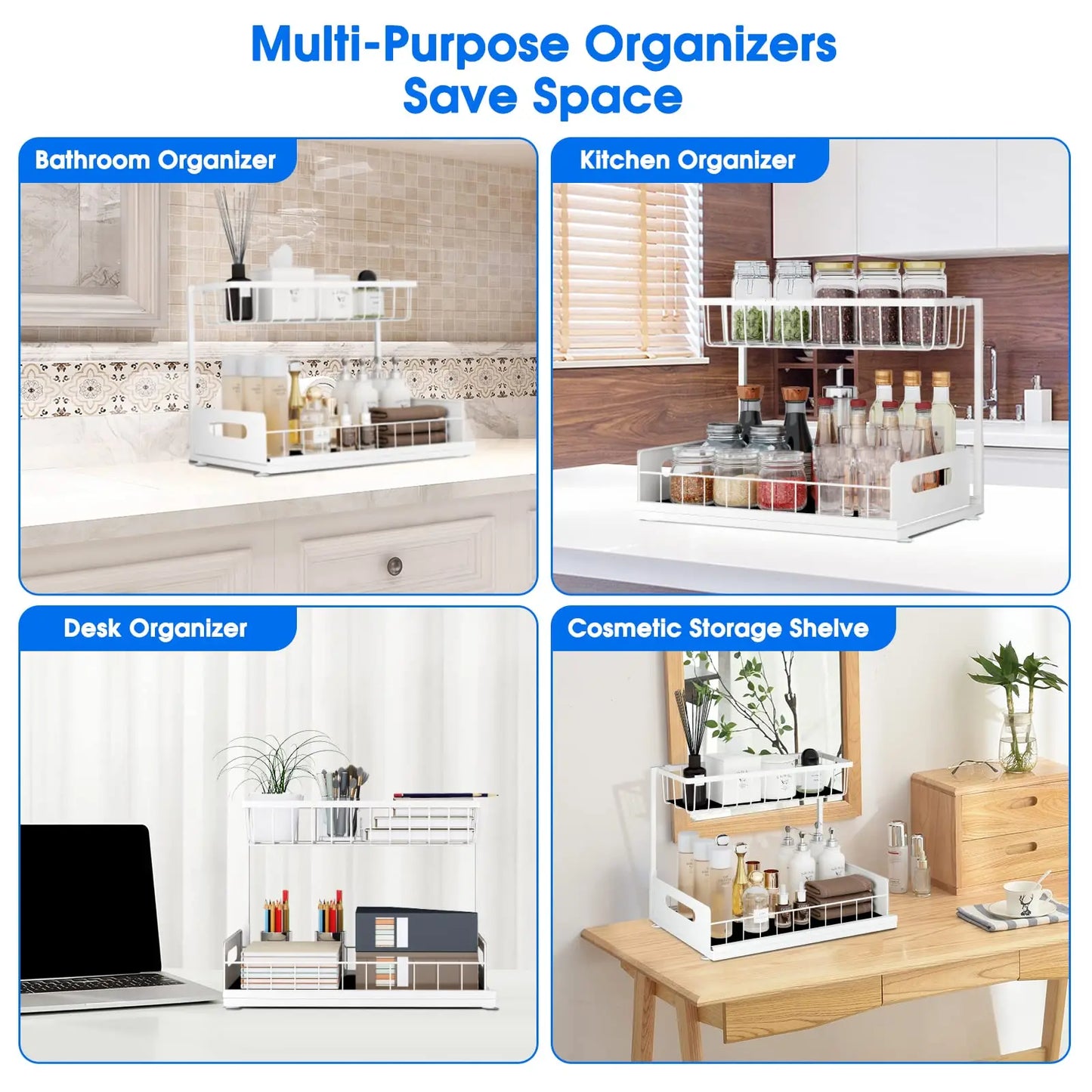 Under Sink 2 Tier Sliding Cabinet Basket Organiser Drawer Pull Out Cabinet Multi-Purpose  Sink Organiser for Bathroom Kitchen