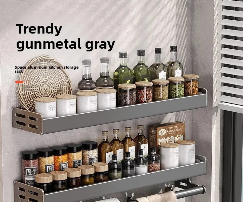 No Drill Kitchen Wall Mounted Spice Rack Space Saving Multifunctional Organiser with Hooks & Paper Towel Holder