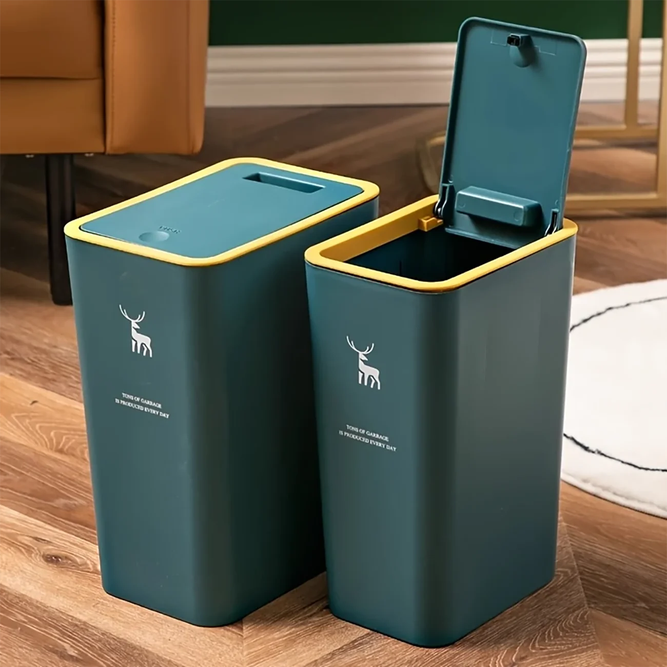 1pc Bathroom Trash Can 15L Garbage Can with Press Top Lid for Kitchen, Bedroom, Living Room Plastic Wastebasket with Pop-up Lid