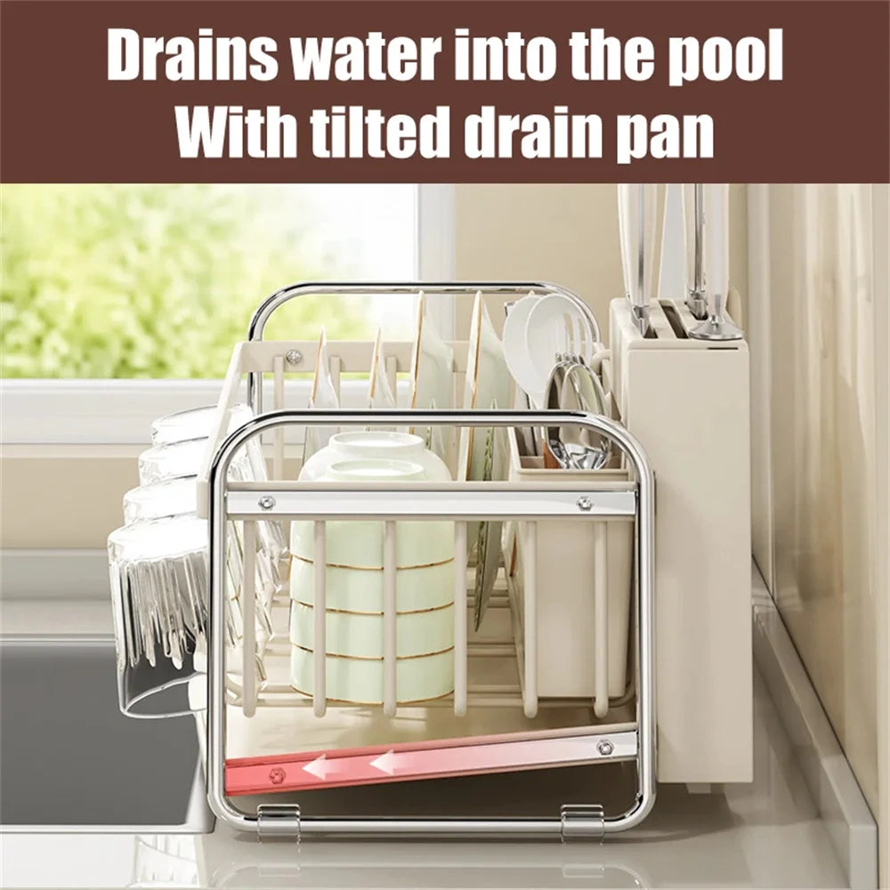 Kitchen Dish Draining Rack Steel Cutlery Rack with Drain Tray Cup Cutlery Holder Plate Rack Kitchen Countertop Storage Rack